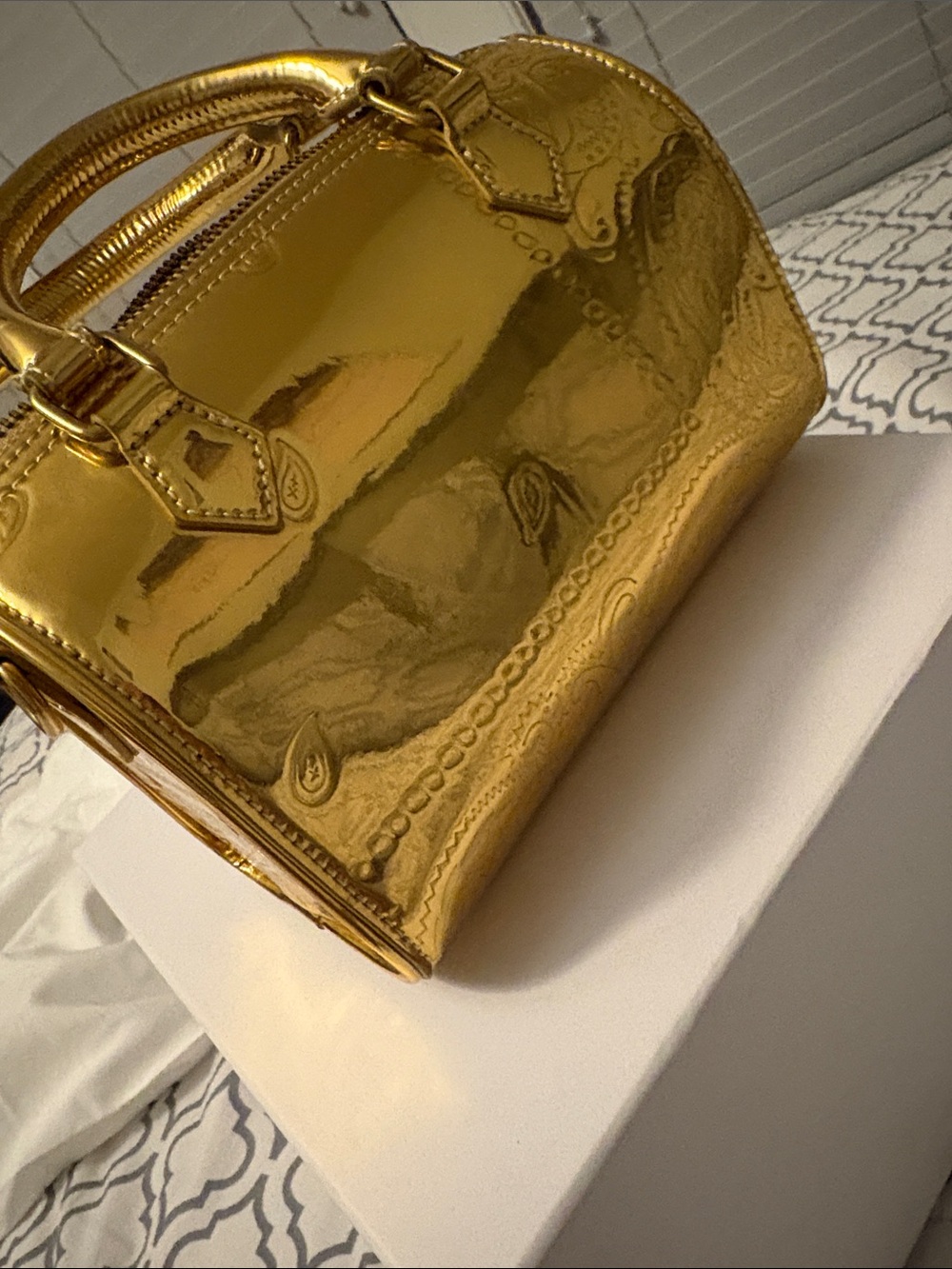 Gold Metallic Barrel Satchel Handbag